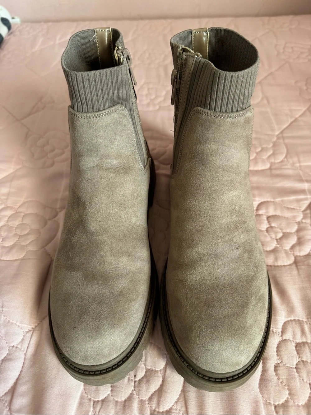 Steve Madden Taupe Suede Ankle Boots with Knit Cuff & Glitter Panel